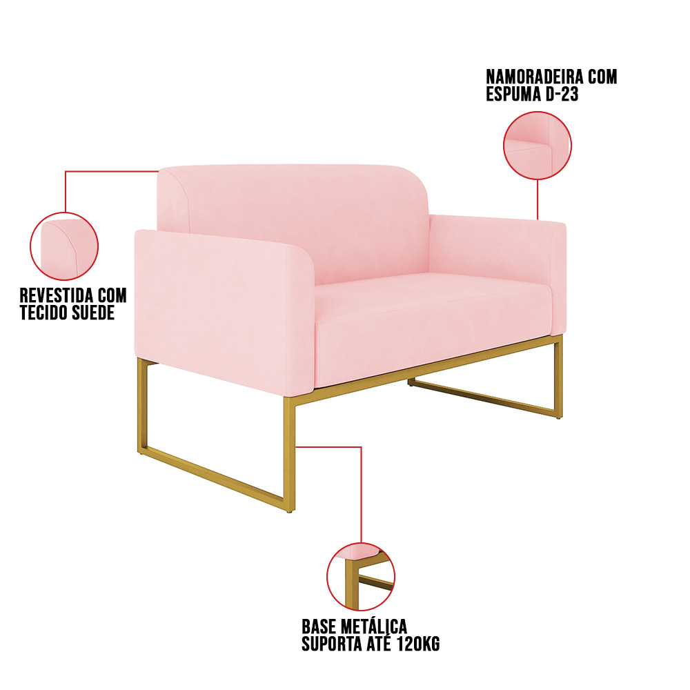 Kit 01 Namoradeira 02 Lugares e 02 Poltronas Marisa Suede Rosa Bebê Base Industrial Metálica Dourado D'Rossi