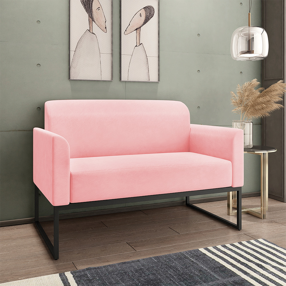 Kit 01 Namoradeira 02 Lugares e 02 Poltronas Marisa Suede Rosa Bebê Base Industrial Metálica Preto D'Rossi