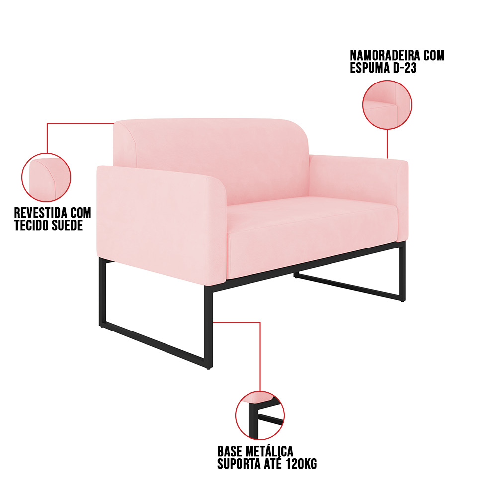 Kit 01 Namoradeira 02 Lugares e 02 Poltronas Marisa Suede Rosa Bebê Base Industrial Metálica Preto D'Rossi