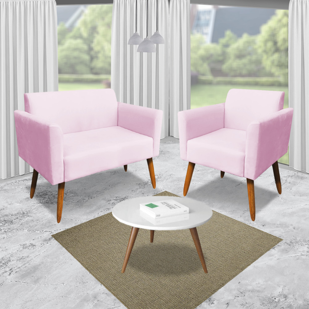 Kit 01 Namoradeira 02 Lugares e 02 Poltronas Marisa Suede Rosa Bebê Pés Palito Castanho D'Rossi