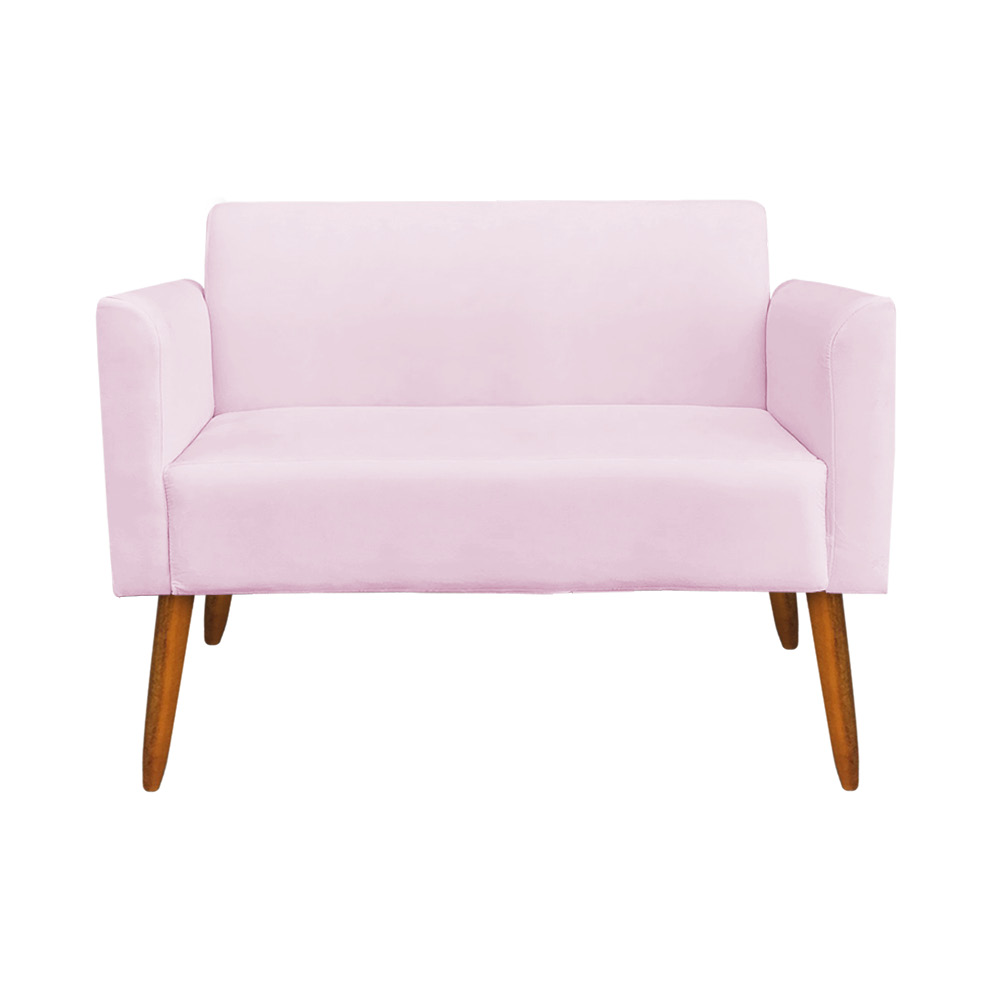 Kit 01 Namoradeira 02 Lugares e 02 Poltronas Marisa Suede Rosa Bebê Pés Palito Castanho D'Rossi