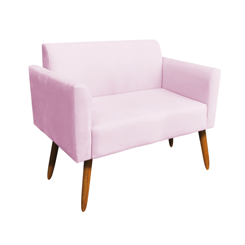 Kit 01 Namoradeira 02 Lugares e 02 Poltronas Marisa Suede Rosa Bebê Pés Palito Castanho D'Rossi