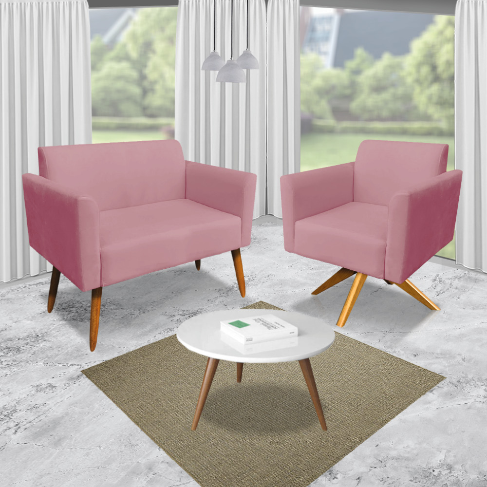Kit 01 Namoradeira 02 Lugares e 02 Poltronas Marisa Suede Rose Base Giratória Madeira MA30 D'Rossi
