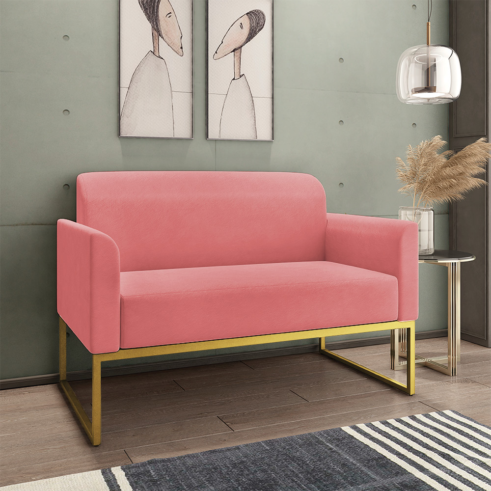 Kit 01 Namoradeira 02 Lugares e 02 Poltronas Marisa Suede Rose Base Industrial Metálica Dourado D'Rossi