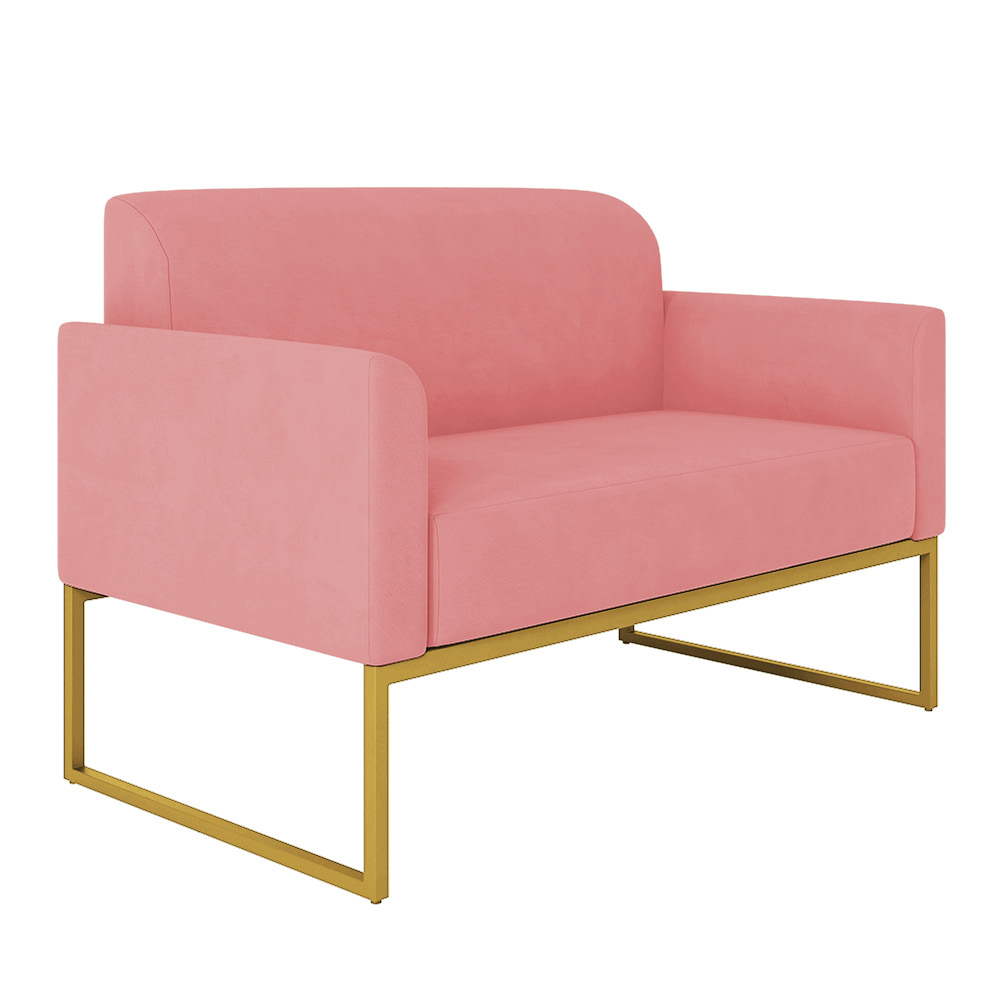 Kit 01 Namoradeira 02 Lugares e 02 Poltronas Marisa Suede Rose Base Industrial Metálica Dourado D'Rossi
