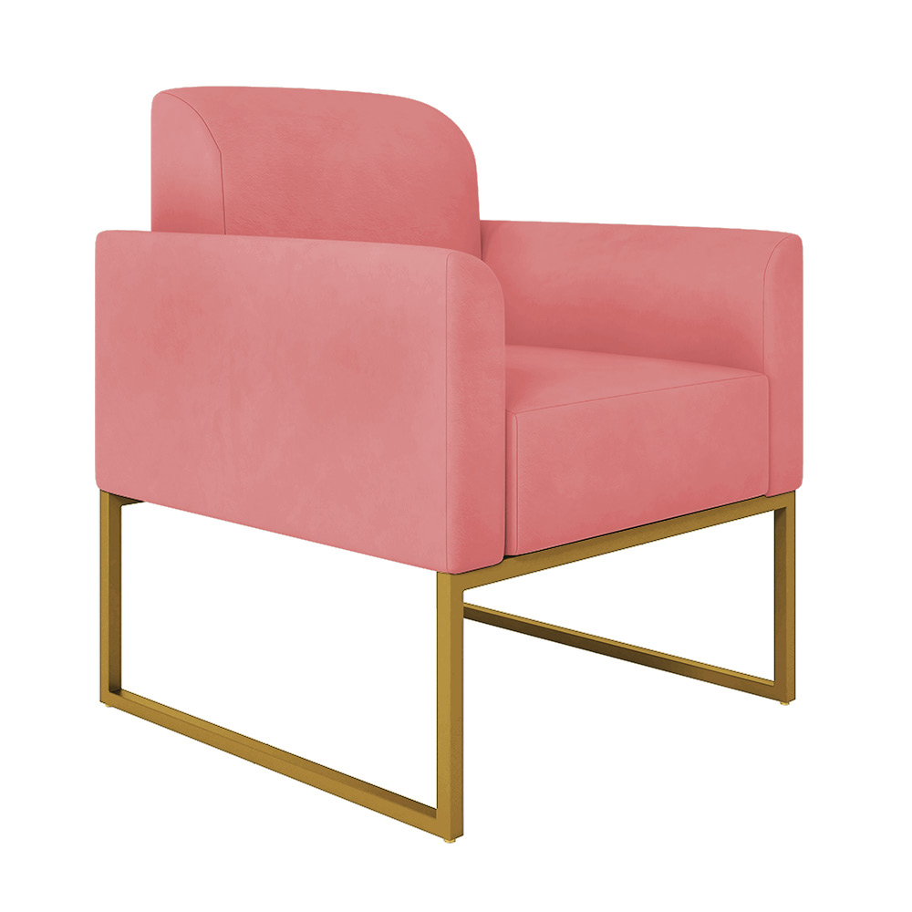 Kit 01 Namoradeira 02 Lugares e 02 Poltronas Marisa Suede Rose Base Industrial Metálica Dourado D'Rossi