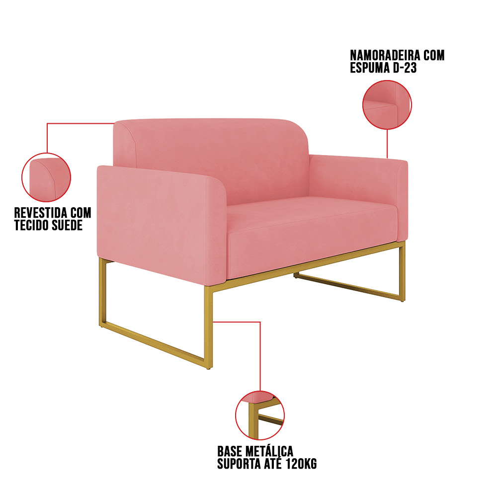 Kit 01 Namoradeira 02 Lugares e 02 Poltronas Marisa Suede Rose Base Industrial Metálica Dourado D'Rossi