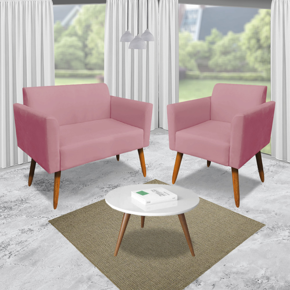 Kit 01 Namoradeira 02 Lugares e 02 Poltronas Marisa Suede Rose Pés Palito Castanho D'Rossi