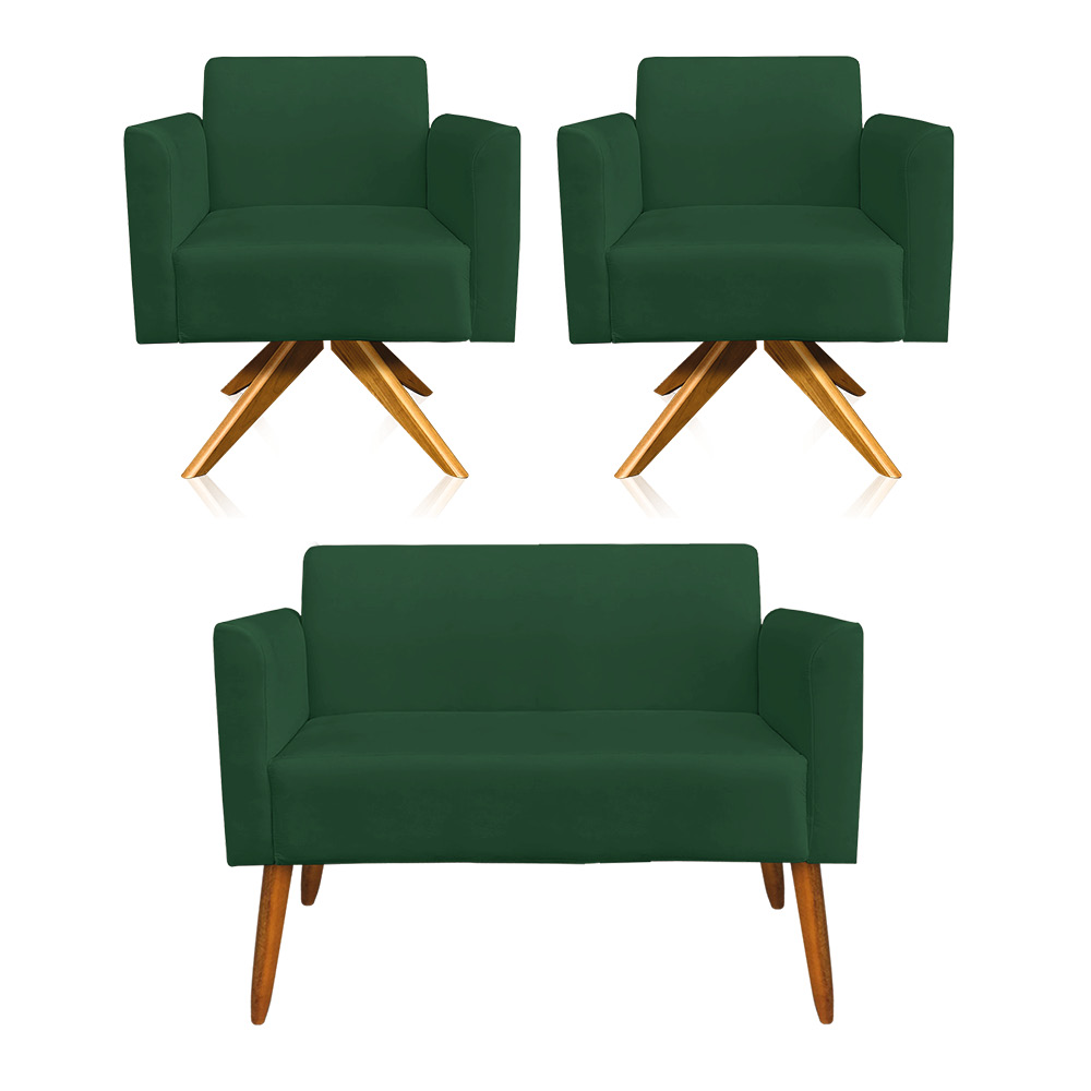 Kit 01 Namoradeira 02 Lugares e 02 Poltronas Marisa Suede Verde Base Giratória Madeira MA30 D'Rossi