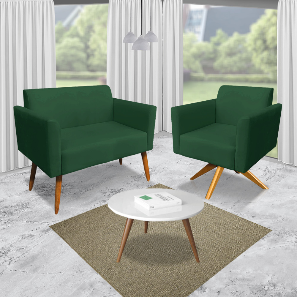 Kit 01 Namoradeira 02 Lugares e 02 Poltronas Marisa Suede Verde Base Giratória Madeira MA30 D'Rossi
