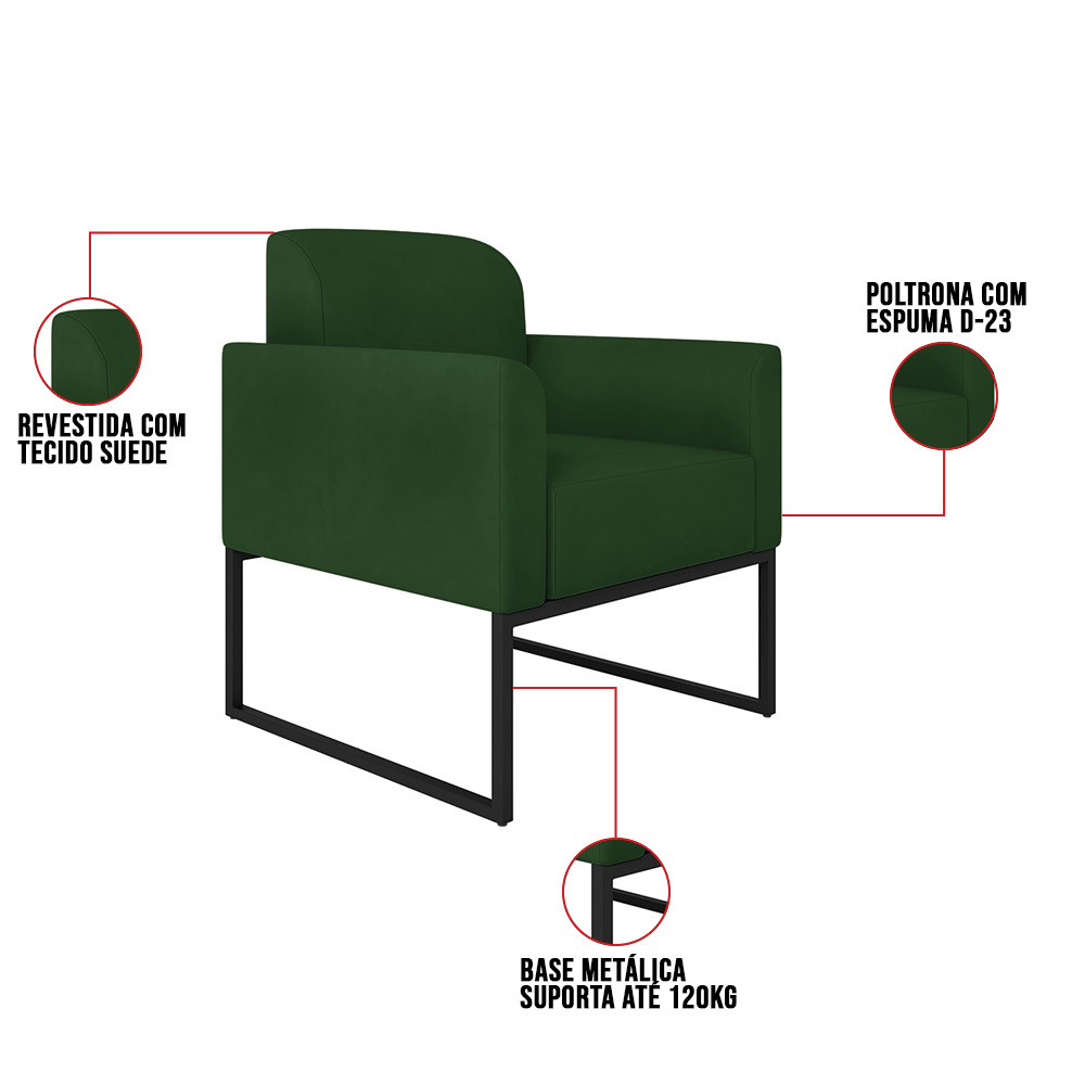Kit 01 Namoradeira 02 Lugares e 02 Poltronas Marisa Suede Verde Base Industrial Metálica Preto D'Rossi