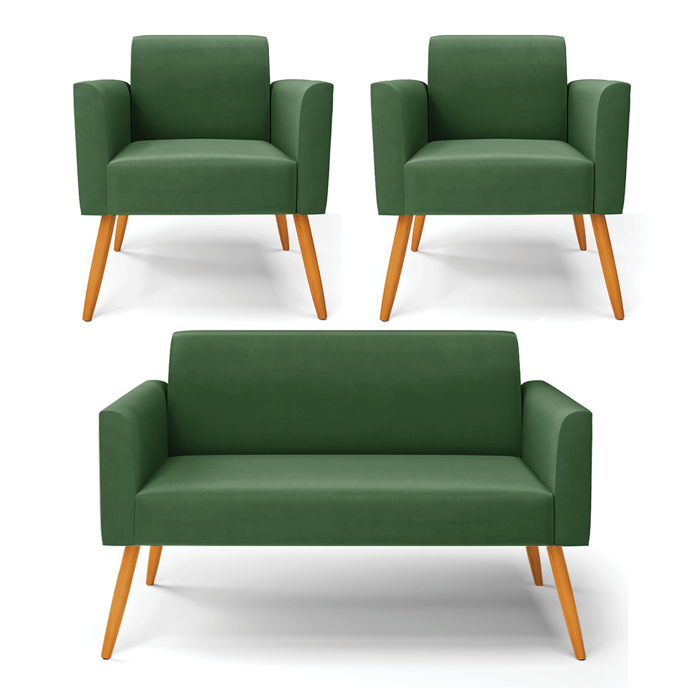 Kit 01 Namoradeira 02 Lugares e 02 Poltronas Marisa Suede Verde Pés Palito Castanho D'Rossi