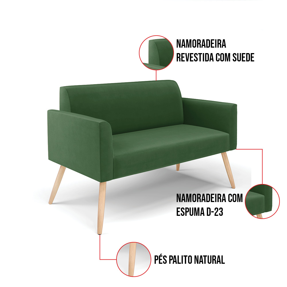 Kit 01 Namoradeira 02 Lugares e 02 Poltronas Marisa Suede Verde Pés Palito Natural D'Rossi