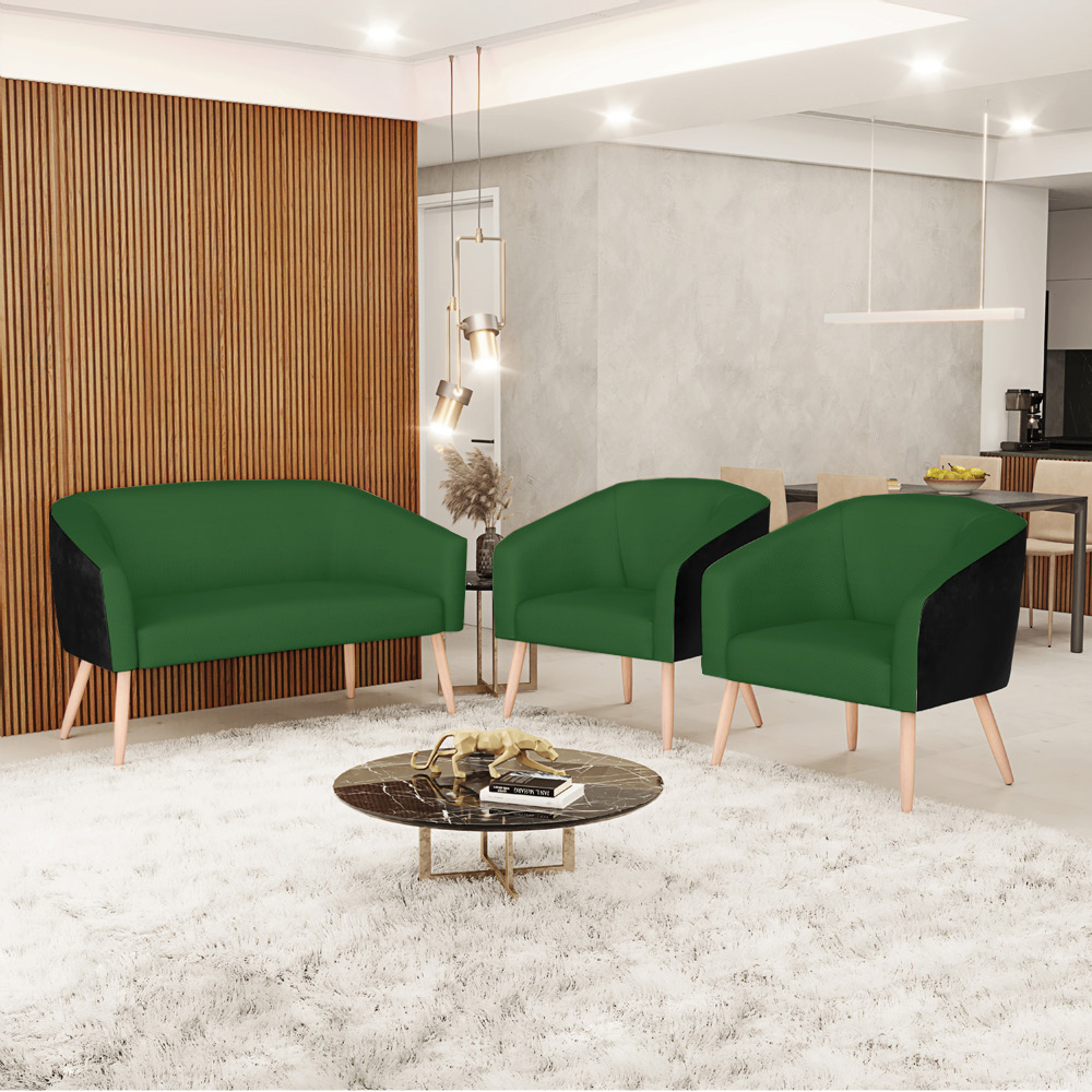 Kit 01 Namoradeira 02 Lugares e 02 Poltronas Stella Corano Preto com Veludo Luxo Verde A136 Pés Palito Natural - D'Rossi