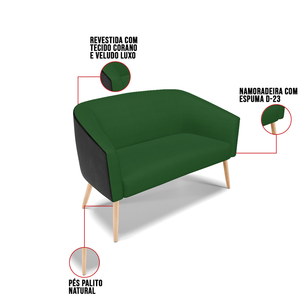 Kit 01 Namoradeira 02 Lugares e 02 Poltronas Stella Corano Preto com Veludo Luxo Verde A136 Pés Palito Natural - D'Rossi