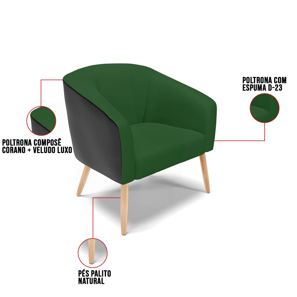 Kit 01 Namoradeira 02 Lugares e 02 Poltronas Stella Corano Preto com Veludo Luxo Verde A136 Pés Palito Natural - D'Rossi