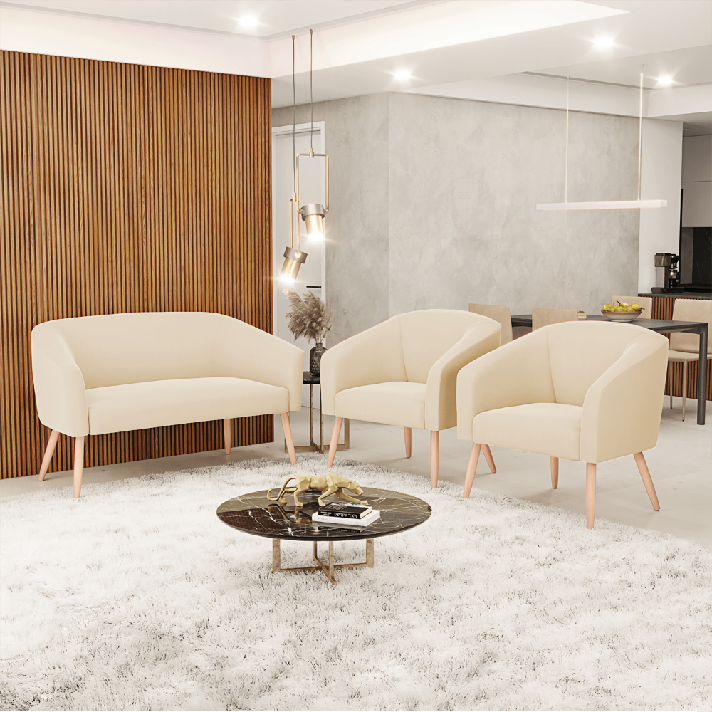 Kit 01 Namoradeira 02 Lugares e 02 Poltronas Stella Suede Bege Pés Palito Natural - D'Rossi