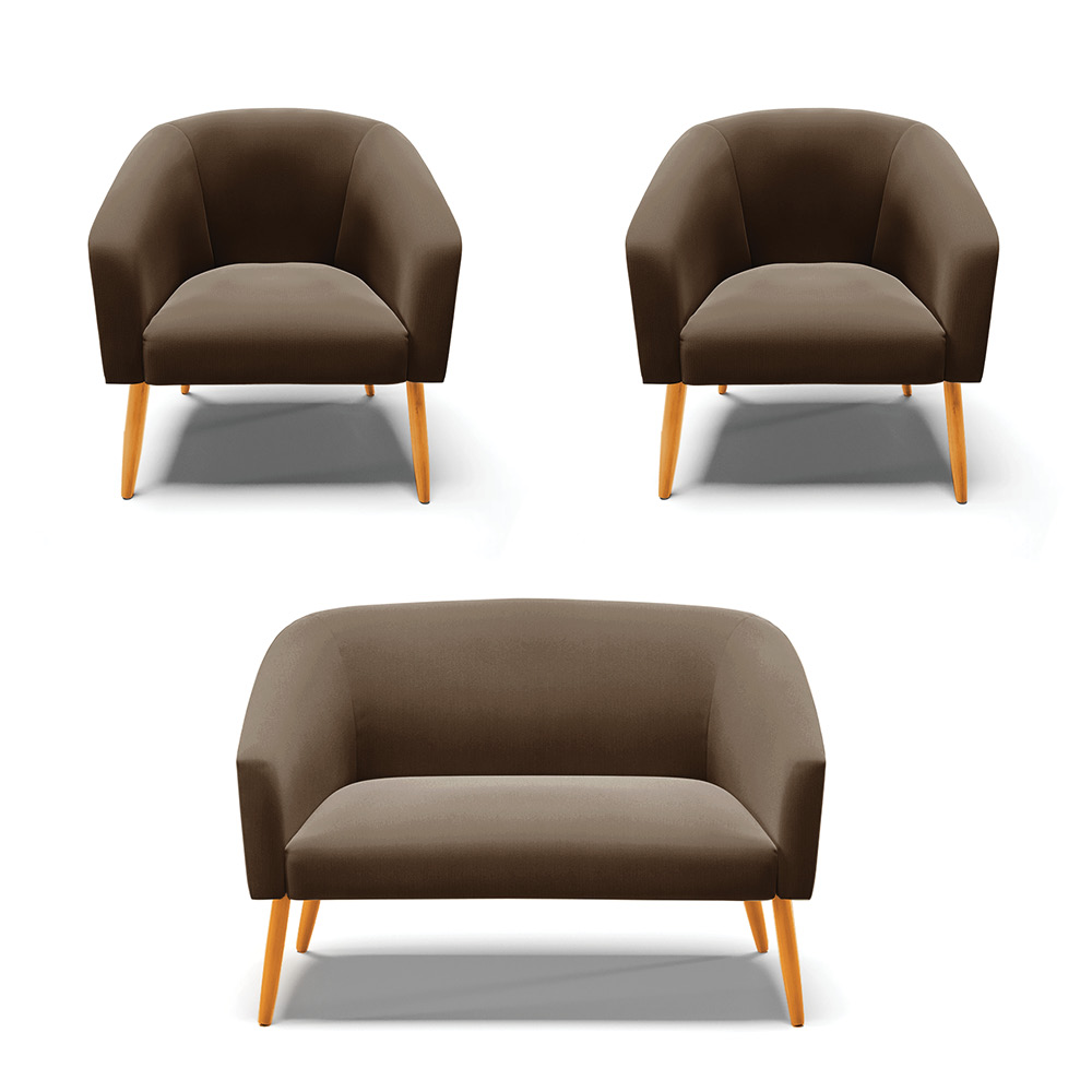 Kit 01 Namoradeira 02 Lugares e 02 Poltronas Stella Suede Marrom Pés Palito Castanho D'Rossi