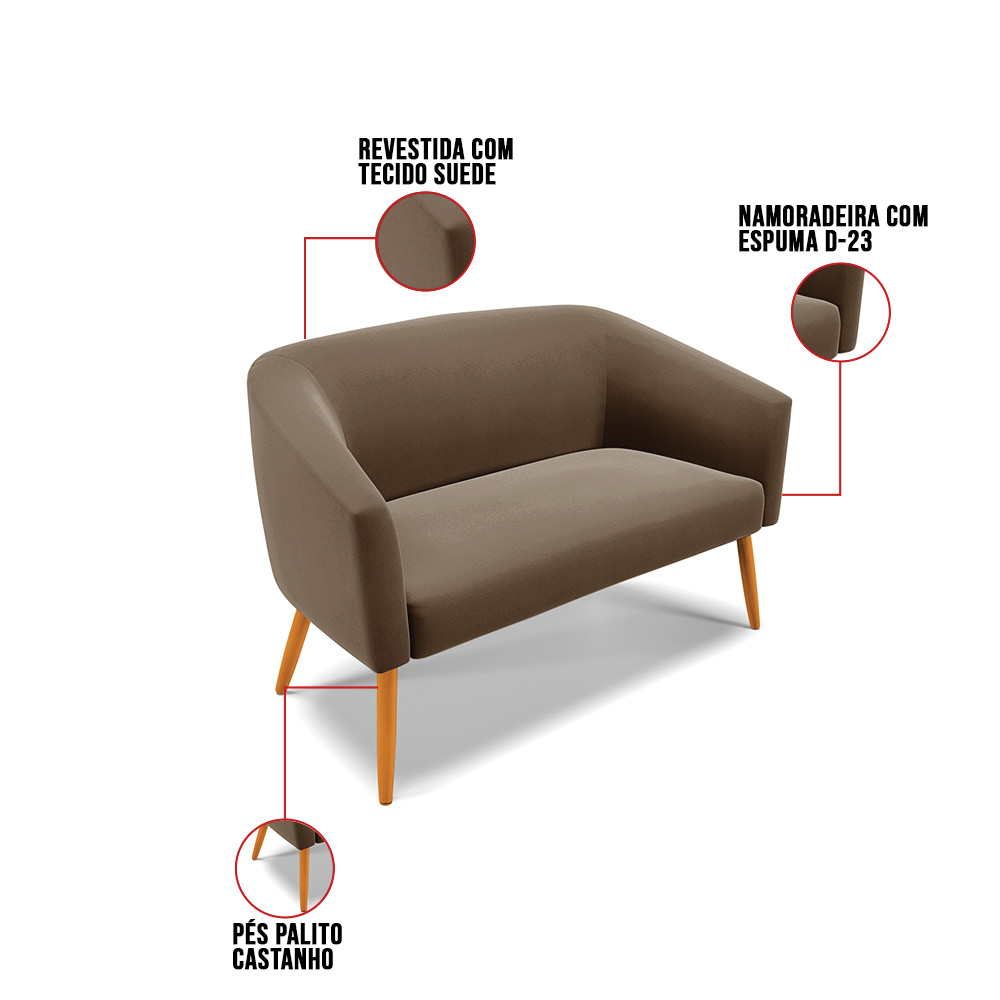 Kit 01 Namoradeira 02 Lugares e 02 Poltronas Stella Suede Marrom Pés Palito Castanho D'Rossi