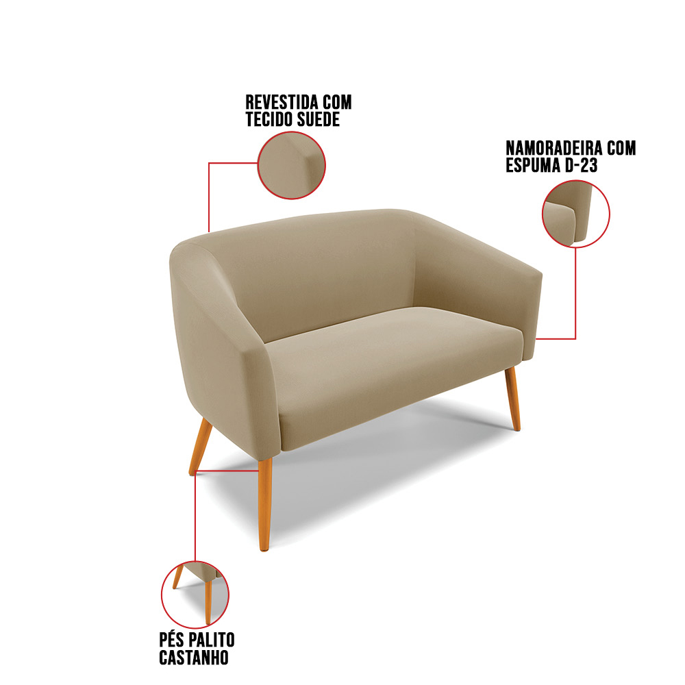 Kit 01 Namoradeira 02 Lugares e 02 Poltronas Stella Suede Marrom Rato Pés Palito Castanho D'Rossi