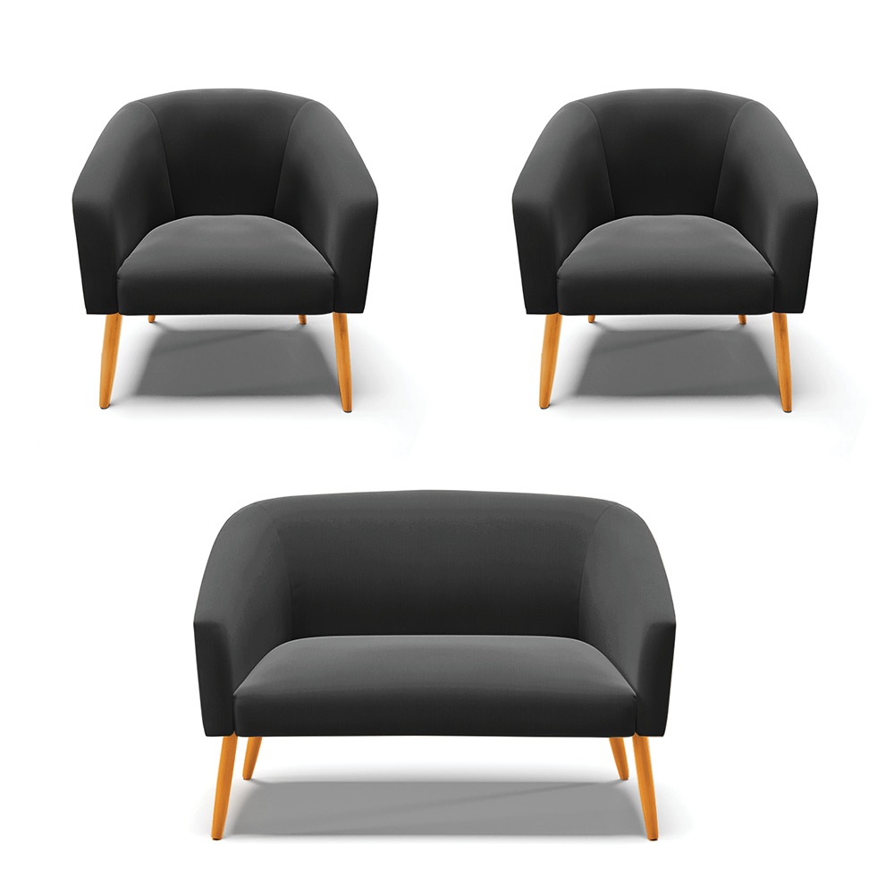 Kit 01 Namoradeira 02 Lugares e 02 Poltronas Stella Suede Preto Pés Palito Castanho D'Rossi