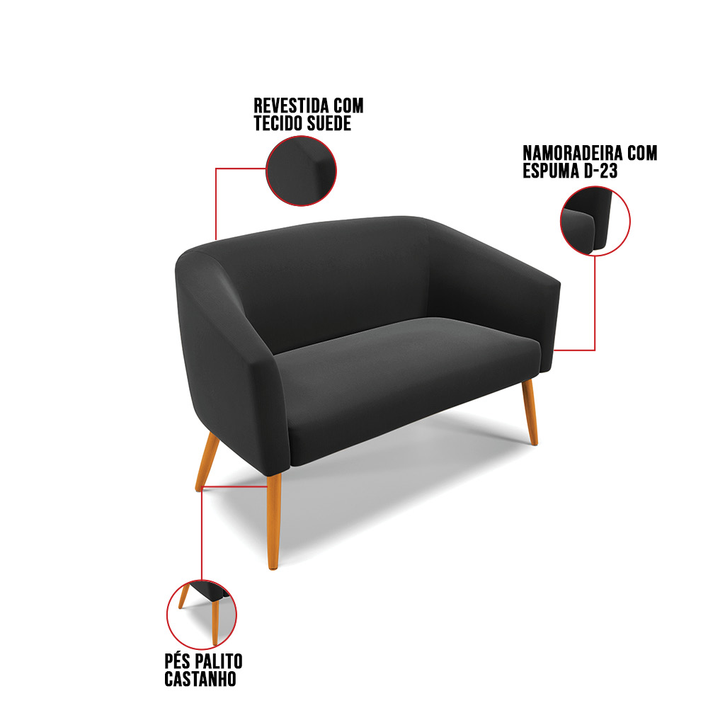 Kit 01 Namoradeira 02 Lugares e 02 Poltronas Stella Suede Preto Pés Palito Castanho D'Rossi