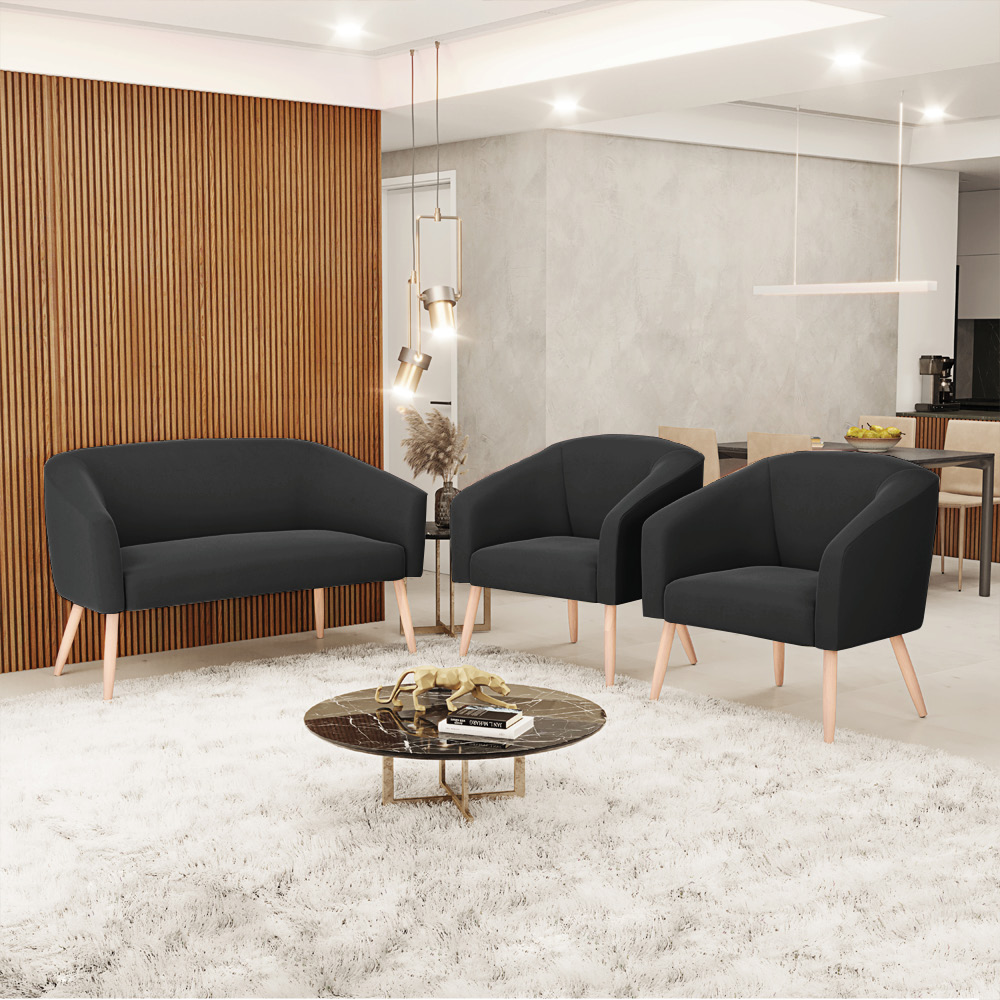Kit 01 Namoradeira 02 Lugares e 02 Poltronas Stella Suede Preto Pés Palito Natural - D'Rossi