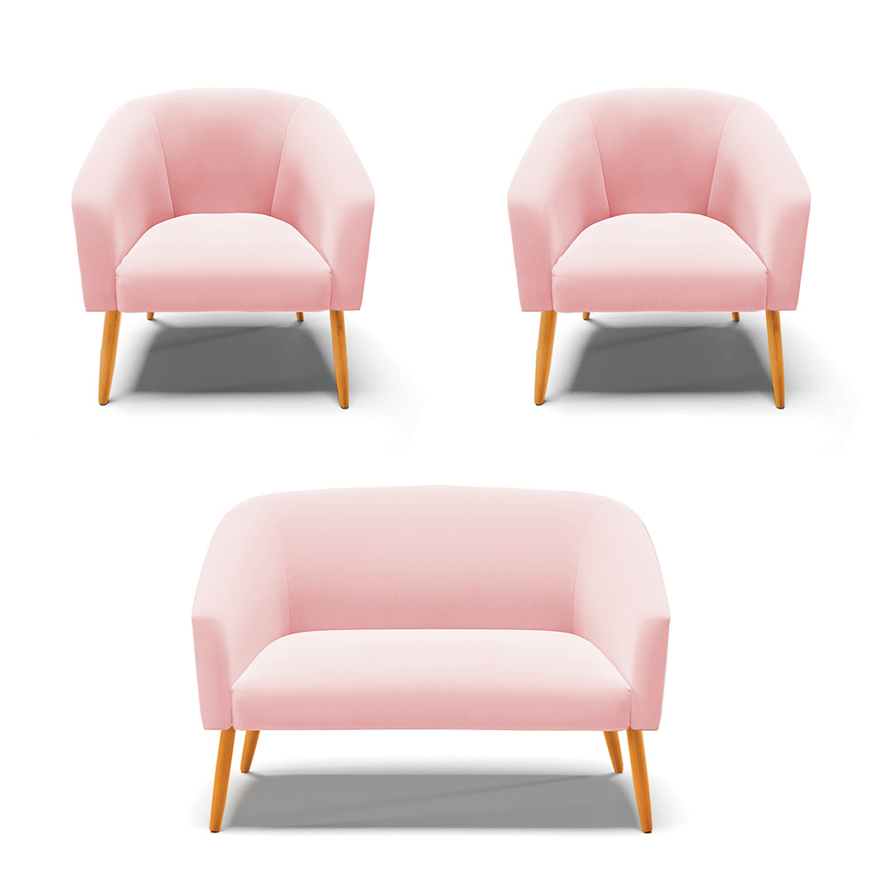 Kit 01 Namoradeira 02 Lugares e 02 Poltronas Stella Suede Rosa Bebê Pés Palito Castanho D'Rossi