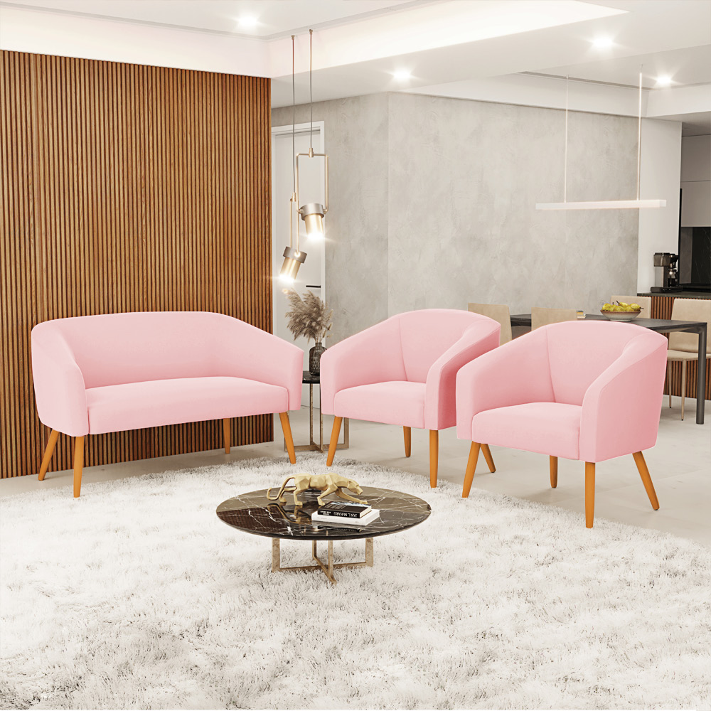 Kit 01 Namoradeira 02 Lugares e 02 Poltronas Stella Suede Rosa Bebê Pés Palito Castanho D'Rossi