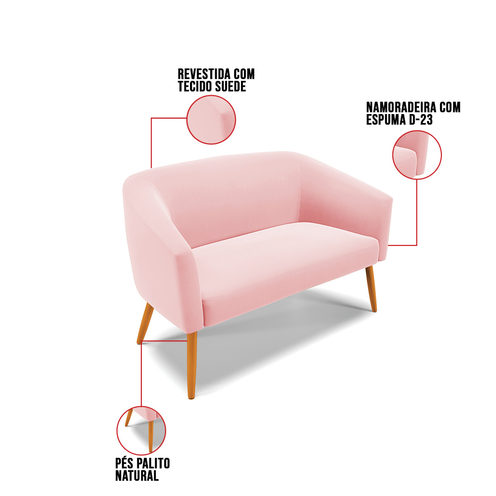 Kit 01 Namoradeira 02 Lugares e 02 Poltronas Stella Suede Rosa Bebê Pés Palito Castanho D'Rossi