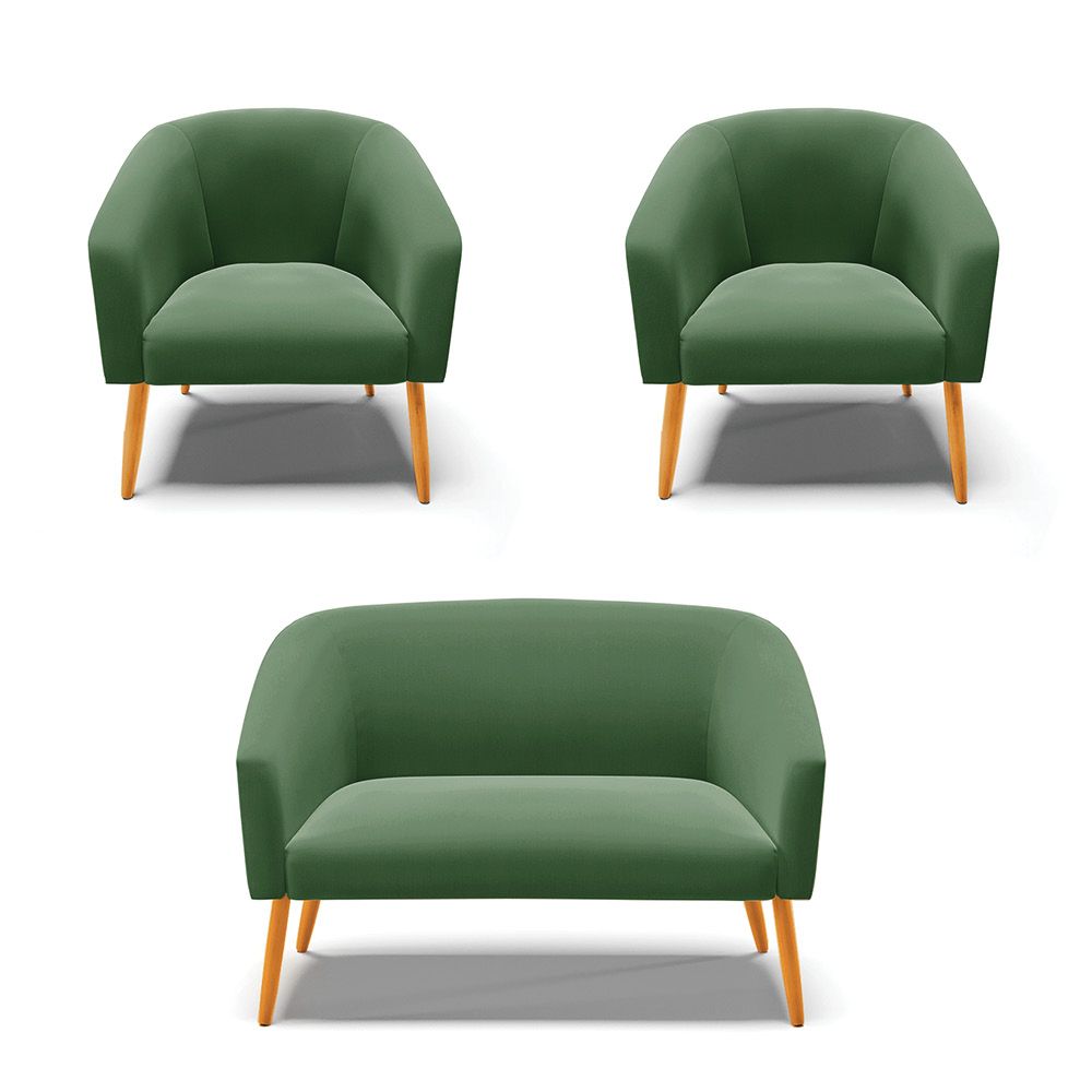 Kit 01 Namoradeira 02 Lugares e 02 Poltronas Stella Suede Verde Pés Palito Castanho D'Rossi