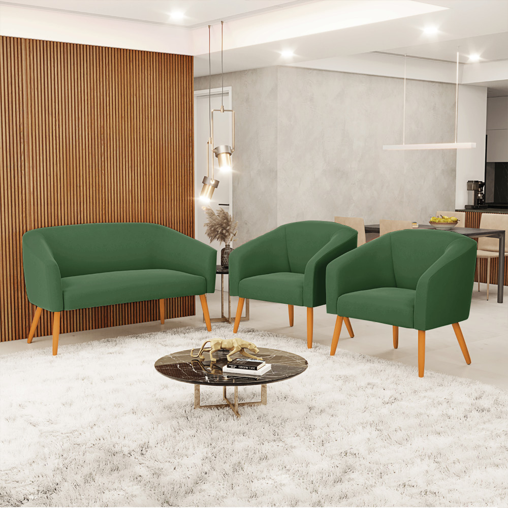 Kit 01 Namoradeira 02 Lugares e 02 Poltronas Stella Suede Verde Pés Palito Castanho D'Rossi