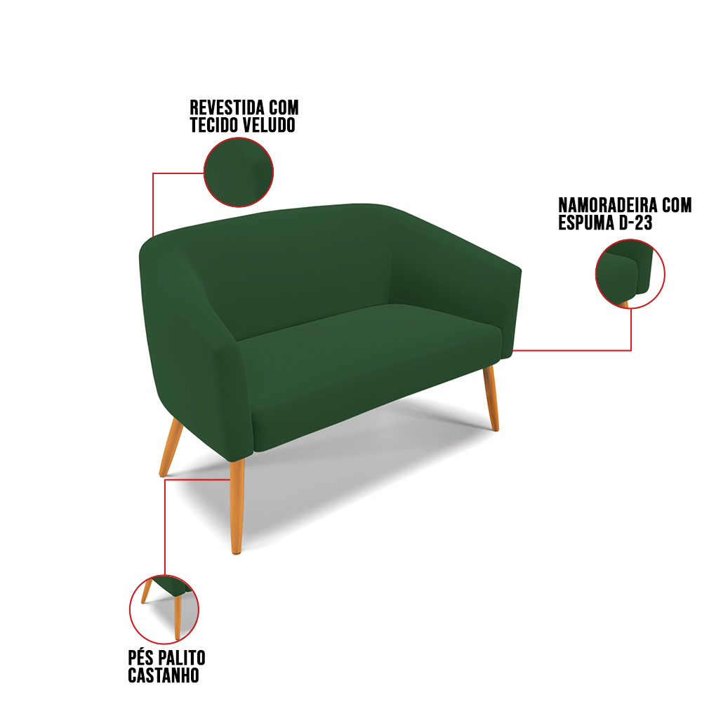 Kit 01 Namoradeira 02 Lugares e 02 Poltronas Stella Veludo Verde Pés Palito Castanho - D'Rossi