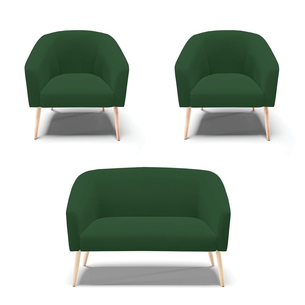 Kit 01 Namoradeira 02 Lugares e 02 Poltronas Stella Veludo Verde Pés Palito Natural - D'Rossi