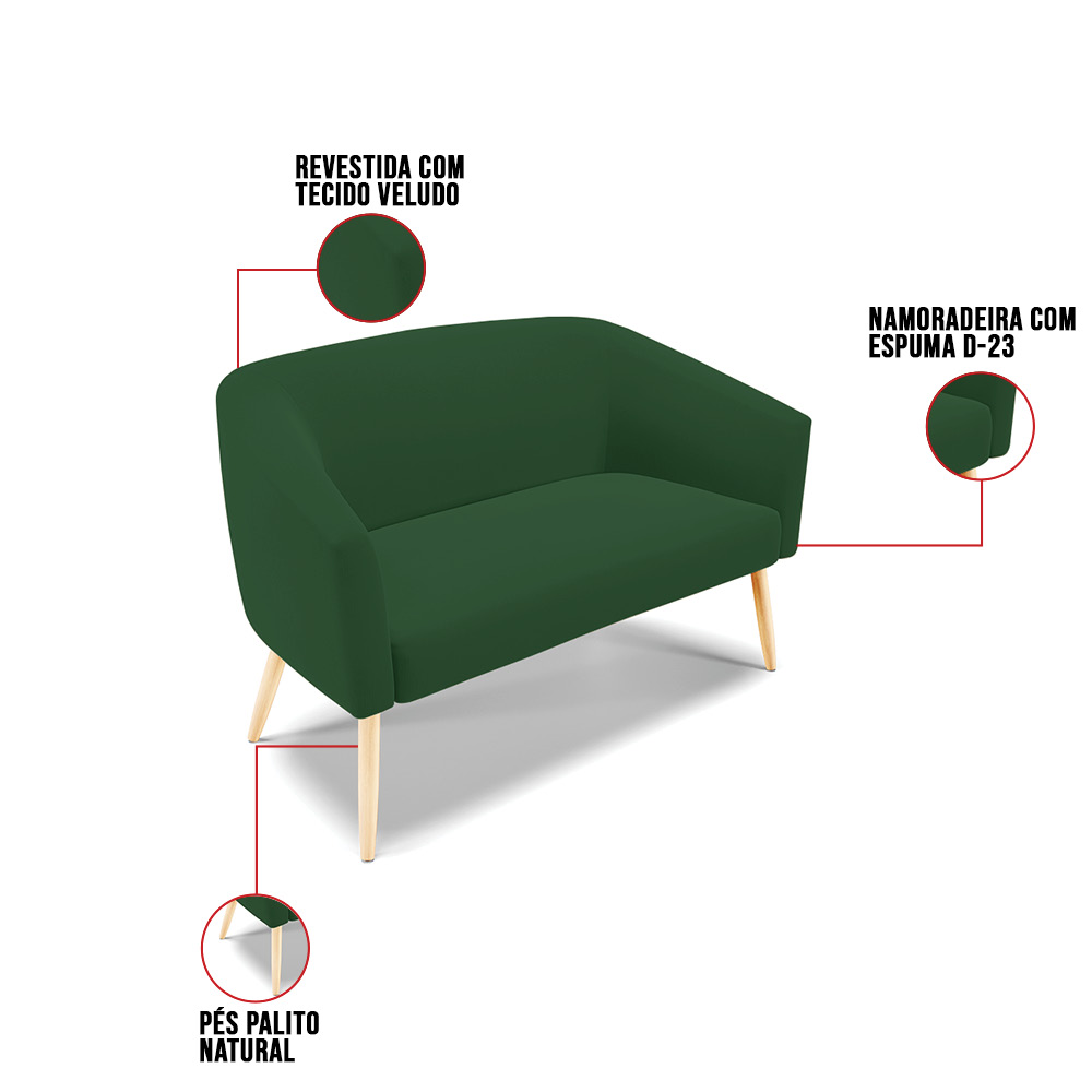 Kit 01 Namoradeira 02 Lugares e 02 Poltronas Stella Veludo Verde Pés Palito Natural - D'Rossi