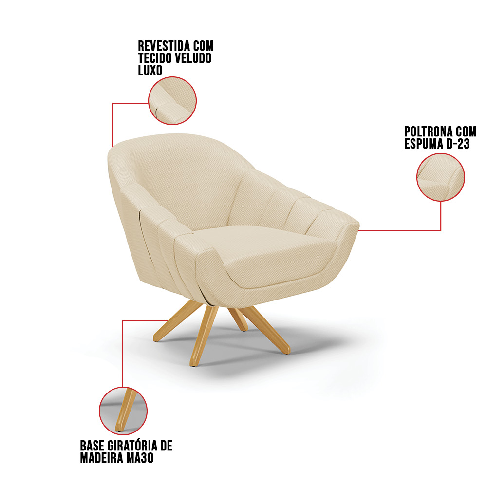 Kit 01 Namoradeira Giovana Pés Palito Natural e 02 Poltronas Giratória Giovana Veludo Luxo Base Madeira MA30 - D'Rossi