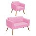 Kit 01 Namoradeira e 01 Poltrona Elisa Suede Rosa Bebê Pés Palito Castanho D'Rossi