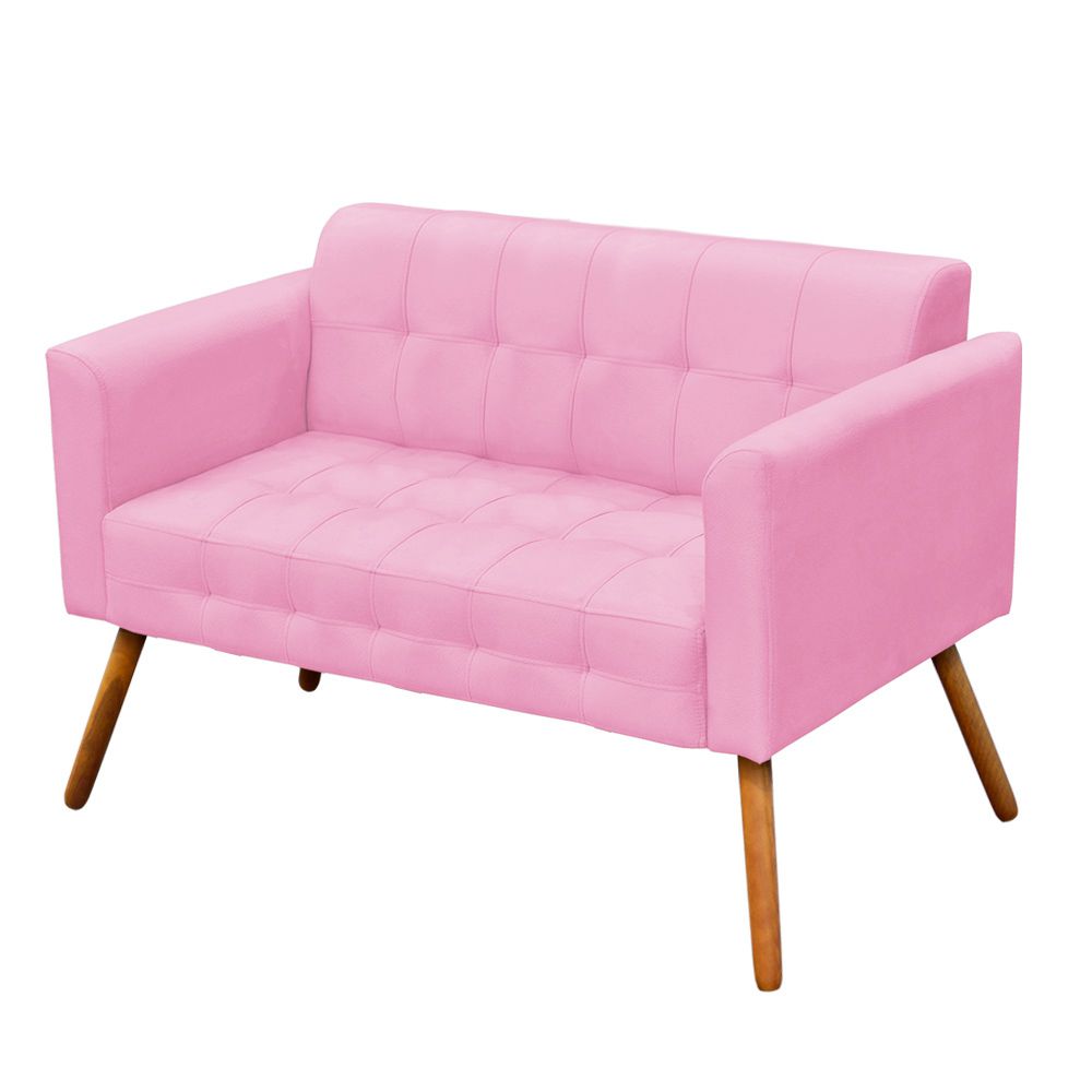 Kit 01 Namoradeira e 01 Poltrona Elisa Suede Rosa Bebê Pés Palito Castanho D'Rossi