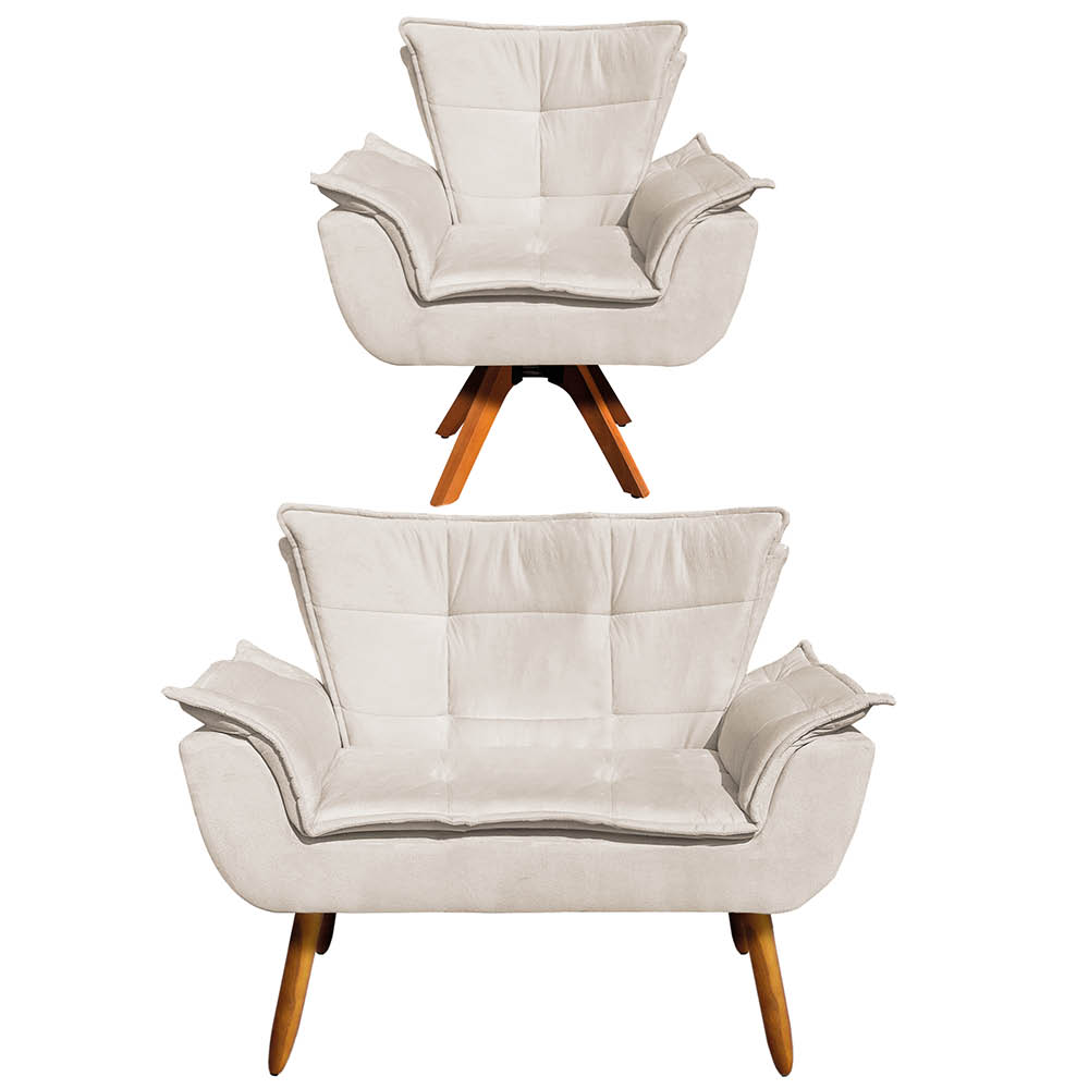Kit 01 Namoradeira e 01 Poltrona Giratória Opala Suede Base Madeira MM30 D'Rossi