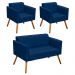 Kit 01 Namoradeira e 02 Poltronas Elisa Suede Azul Marinho Pés Palito Castanho D'Rossi