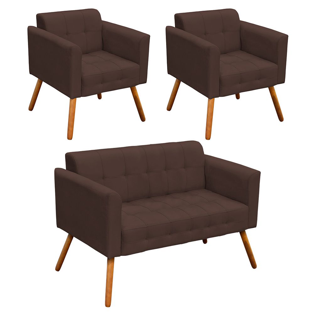 Kit 01 Namoradeira e 02 Poltronas Elisa Suede Marrom Pés Palito Castanho D'Rossi