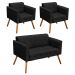 Kit 01 Namoradeira e 02 Poltronas Elisa Suede Preto Pés Palito Castanho D'Rossi