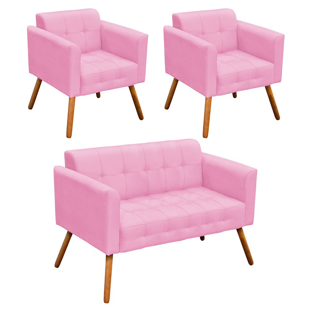 Kit 01 Namoradeira e 02 Poltronas Elisa Suede Rosa Bebê Pés Palito Castanho D'Rossi