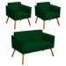 Kit 01 Namoradeira e 02 Poltronas Elisa Suede Verde Pés Palito Castanho D'Rossi