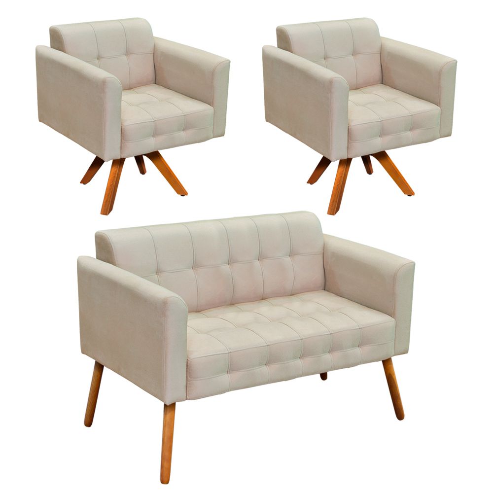 Kit 01 Namoradeira e 02 Poltronas Giratória Elisa Suede Base Madeira MM30 D'Rossi