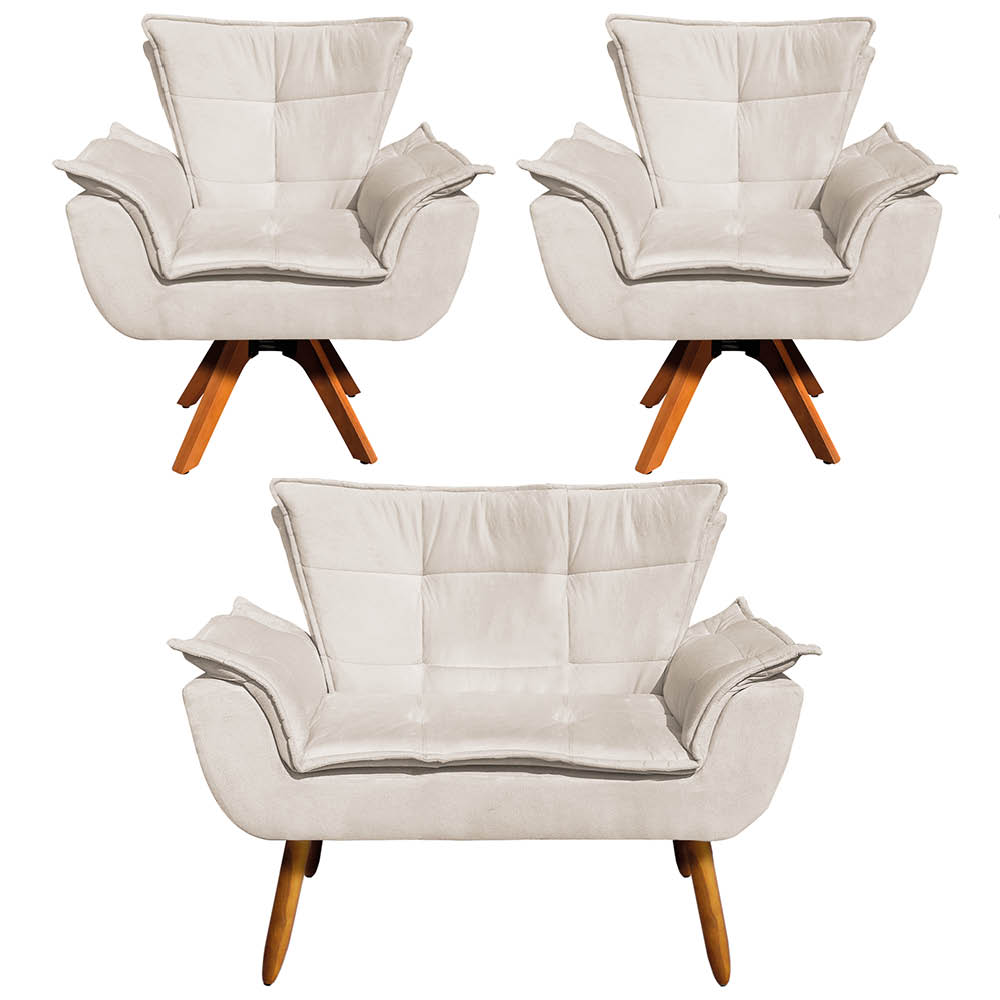 Kit 01 Namoradeira e 02 Poltronas Giratória Opala Suede Base Madeira MM30 D'Rossi