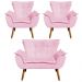 Kit 01 Namoradeira e 02 Poltronas Opala Suede Rosa Bebê Pés Palito Castanho D'Rossi