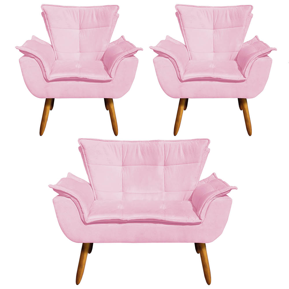 Kit 01 Namoradeira e 02 Poltronas Opala Suede Rosa Bebê Pés Palito Castanho D'Rossi