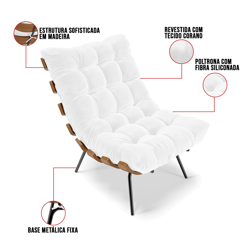 Kit 01 Poltrona e 01 Puff Costela Corano Branco Base Metálica Preto - D'Rossi