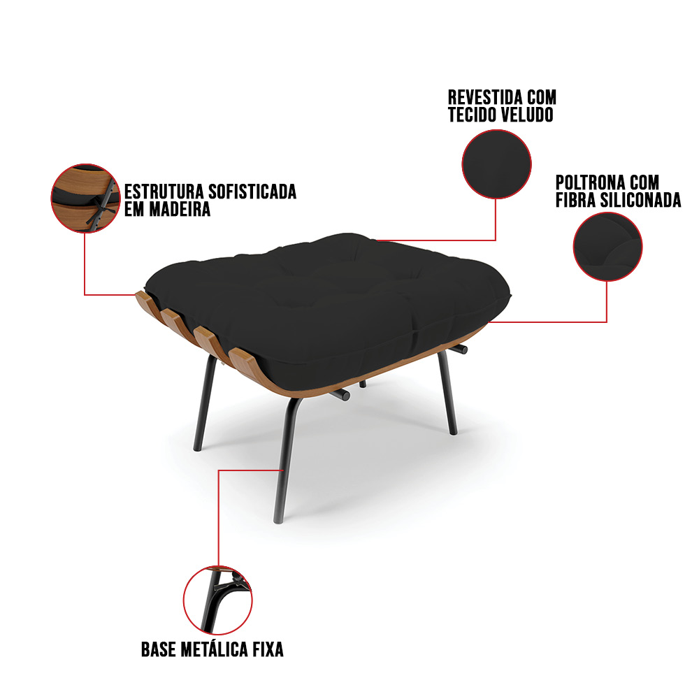 Kit 01 Poltrona e 01 Puff Costela Veludo Preto Base Metálica Preto - D'Rossi